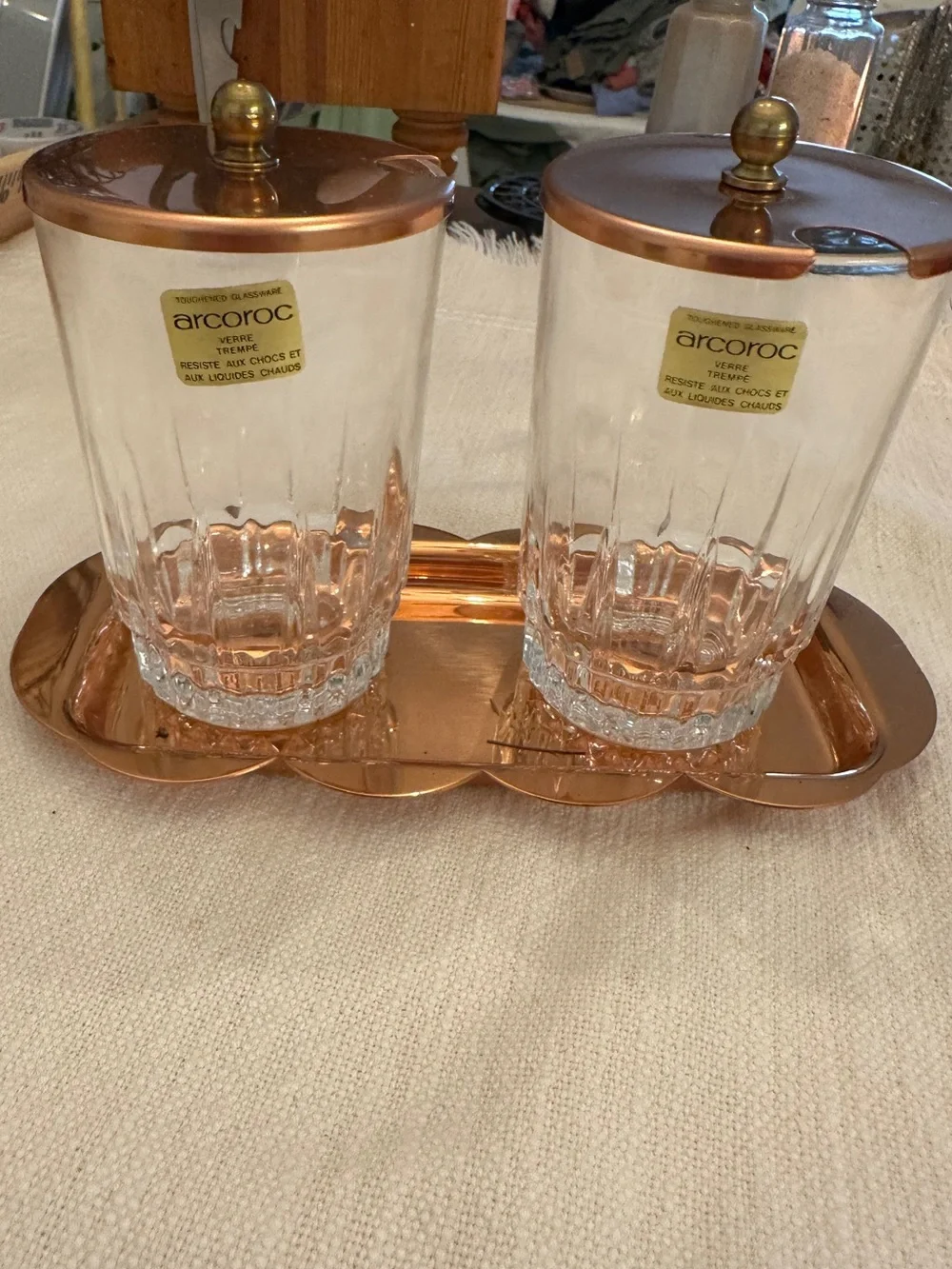 Coppercraft Arcoroc France Lidded Jelly Jars (set of 2) with brass tray